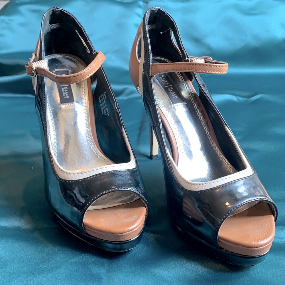 White House Black Market size 7 heels, back, brown/nude/tan, and white/cream